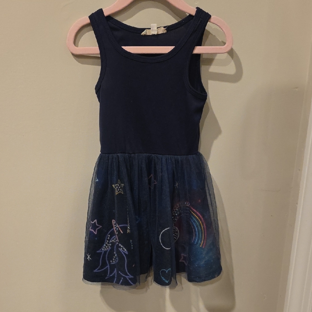 3T Truly Me Navy and Multicolor Casual Dress, With Unicorn And Rainbow